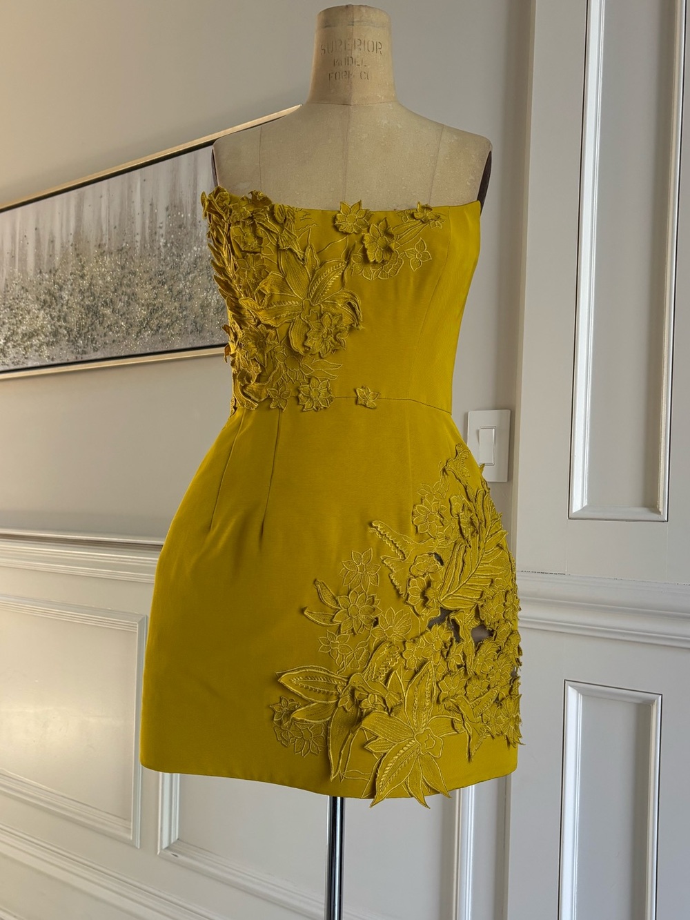 Oscar de la Renta Mustard Strapless Floral Appliqué Mini Dress